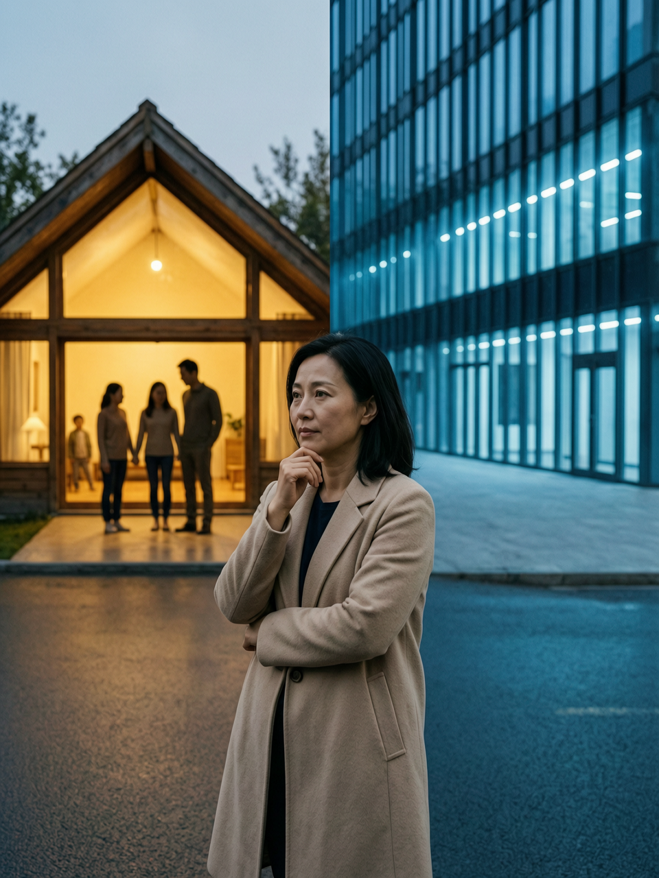 配图:一位女性站在家庭和职场之间的岔路口,左边是温馨的家庭灯火,右边是写字楼的光,她面带犹豫和迷茫