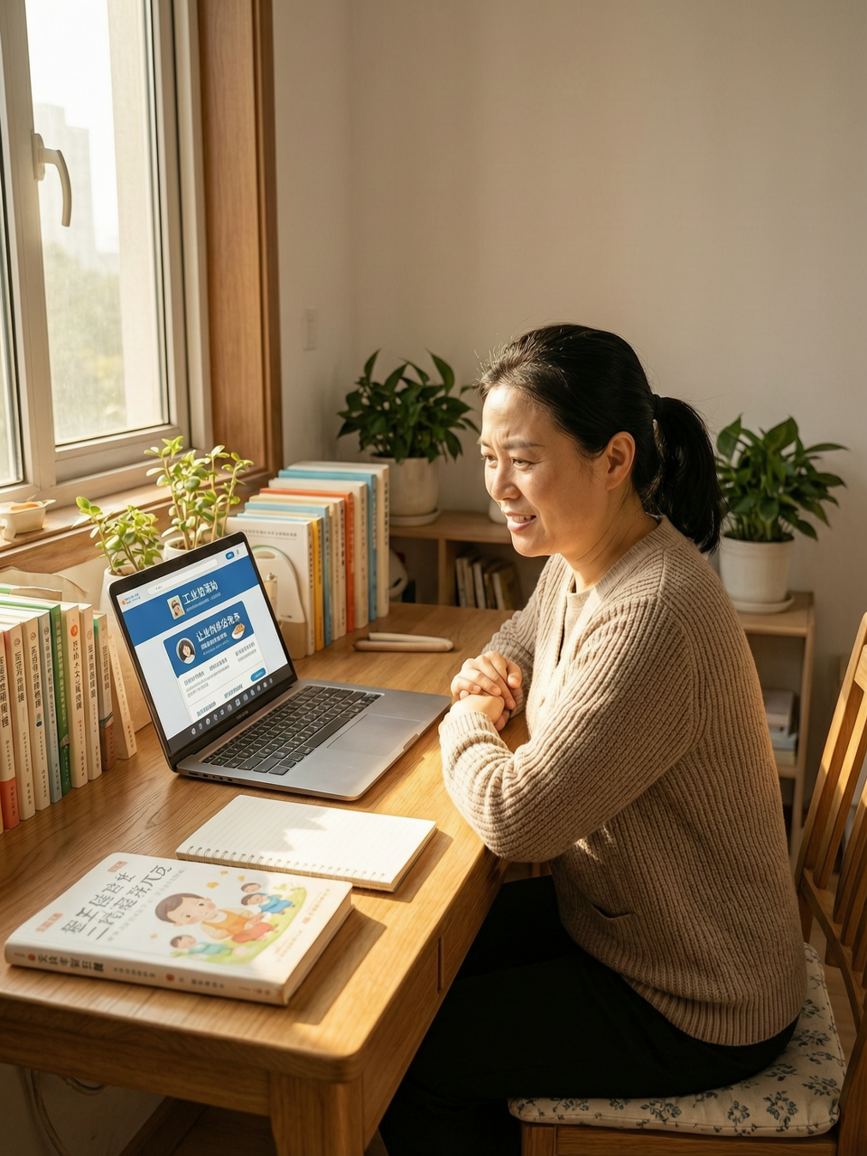 配图:一位女性在翻看招聘网站,旁边放着育儿书和笔记本电脑,窗外阳光照进来,她的表情从迷茫逐渐变得坚定